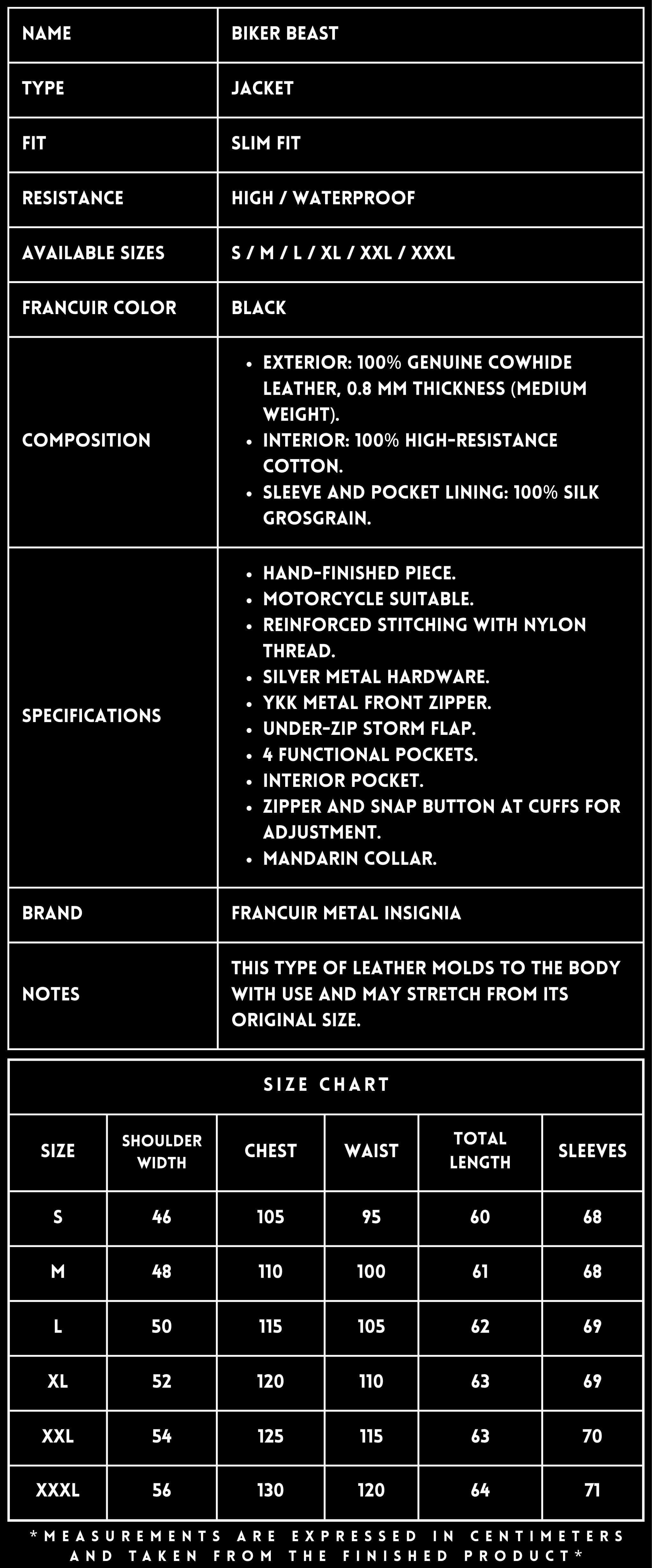 TECHNICAL SPECIFICATIONS_LEATHER JACKET_BIKER BEAST_BLACK_FRANCUIR